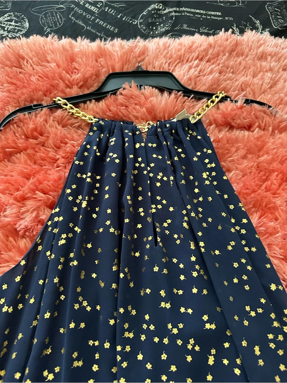Michael Kors Chain Neck Metallic Print Trapeze Dress in True Navy and Gold Foil